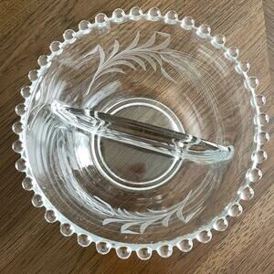Imperial Candlewick Divided Etched Glass Bowl Bead Edge Wheat Serving Elegant